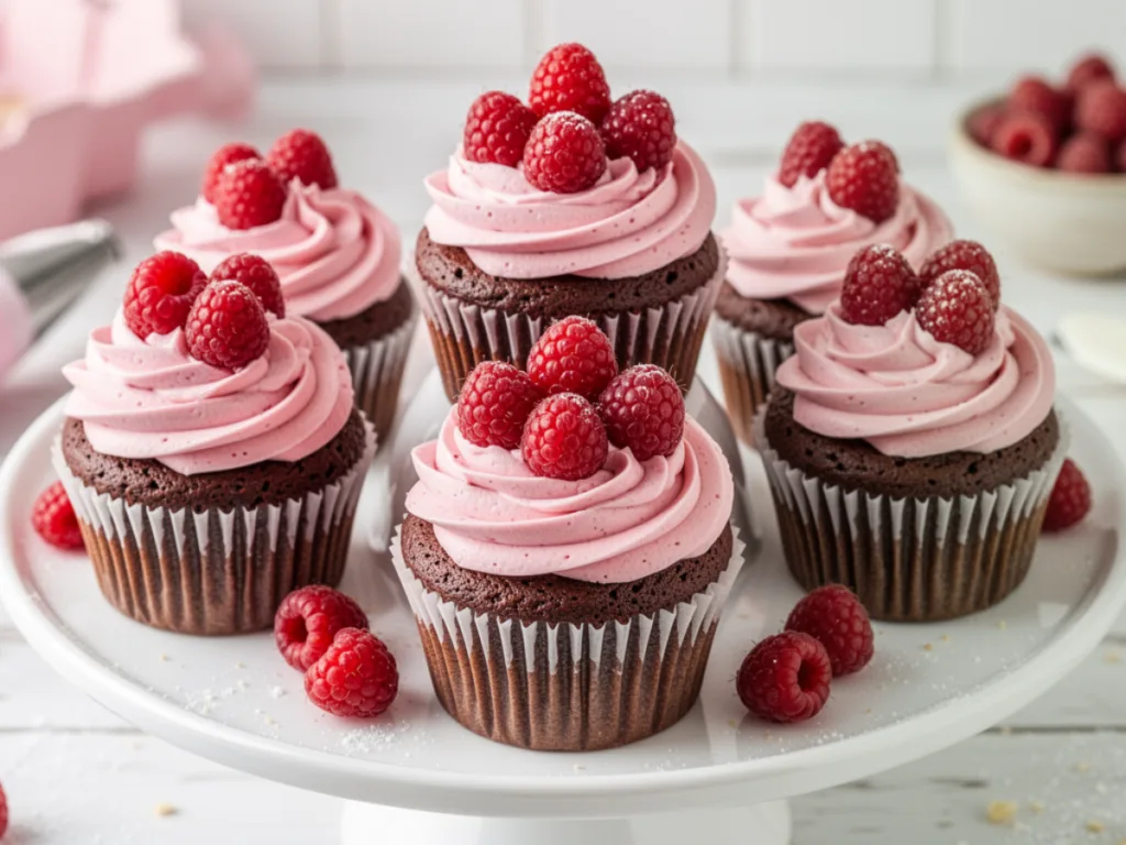 A close-up of vibrant pink raspberry buttercream frosting being piped onto a vanilla cupcake with a swirl pattern, showing its fluffy and stable texture.