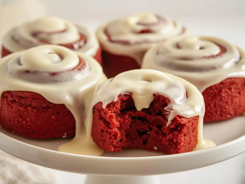 Soft Red Velvet Cinnamon Rolls with frosting