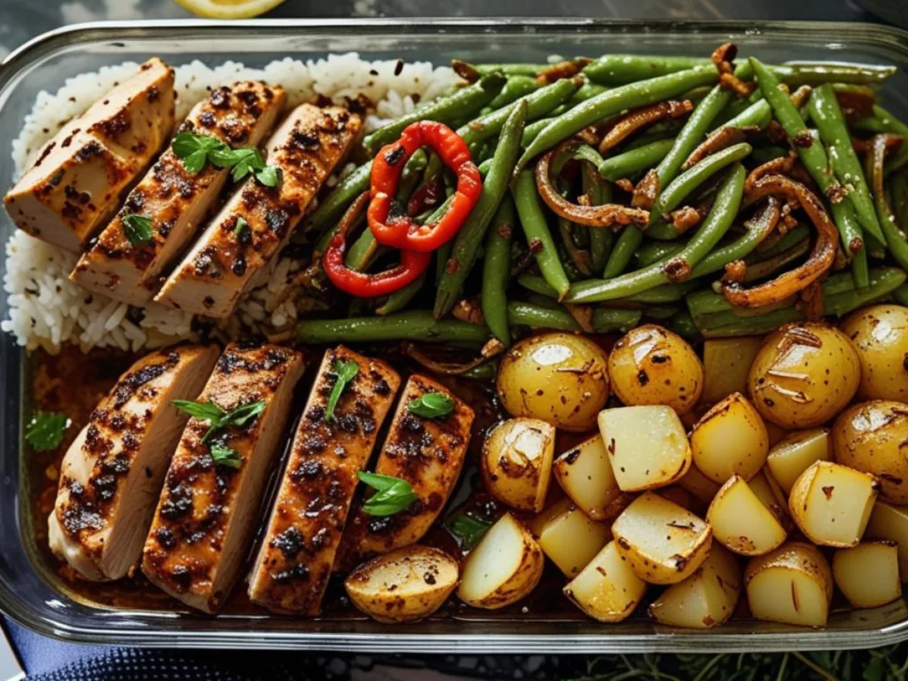 Platter of Spiced Baked Chicken with Garlic Potatoes, Sautéed Veggies & Rice with fresh herbs.