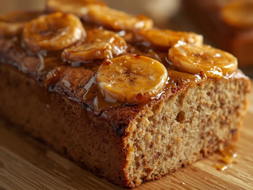Moist Upside Down Banana Bread Cake with caramel glaze