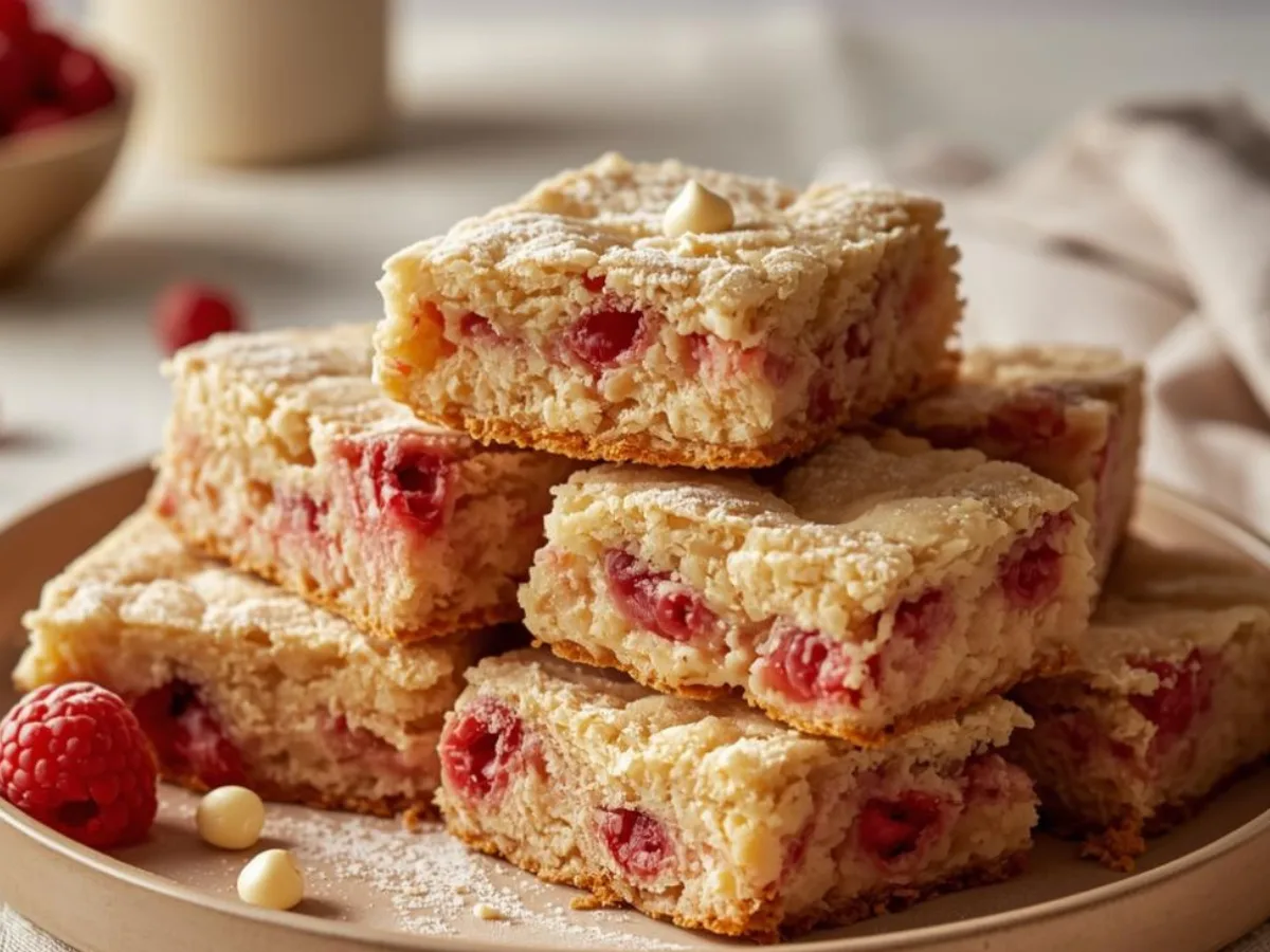 Close-up of white chocolate raspberry sourdough discard blondies with gooey centers, fresh raspberries, and white chocolate chips.
