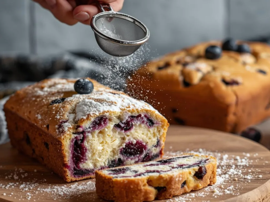 Whole Blueberry Cream Cheese Loaf drizzled with a sweet white glaze.