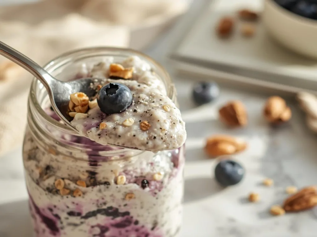 Healthy Blueberry Overnight Oats With Yogurt and granola sprinkles in a mason jar breakfast setup.