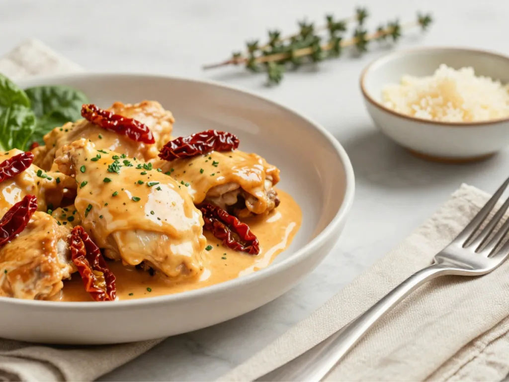 Slow cooker creamy tuscan chicken dinner served over a bed of fettuccine pasta with extra parmesan cheese.