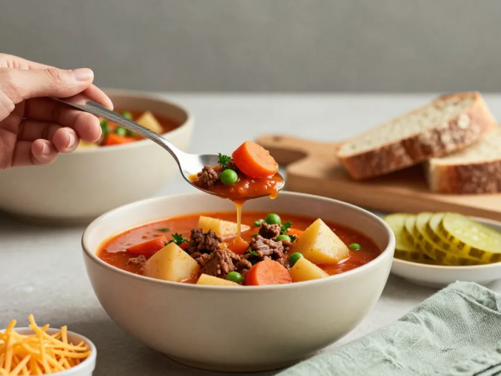 Top-down view of a simmering pot of Wholesome Hamburger Stew with fresh herbs.