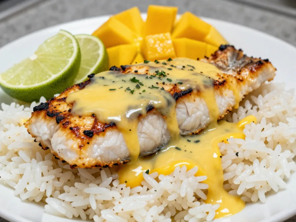 Pan-seared Mahi Mahi with Mango Lime Butter and cilantro.