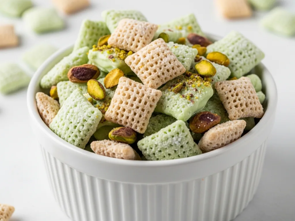 Pistachio Pudding Puppy Chow close-up.