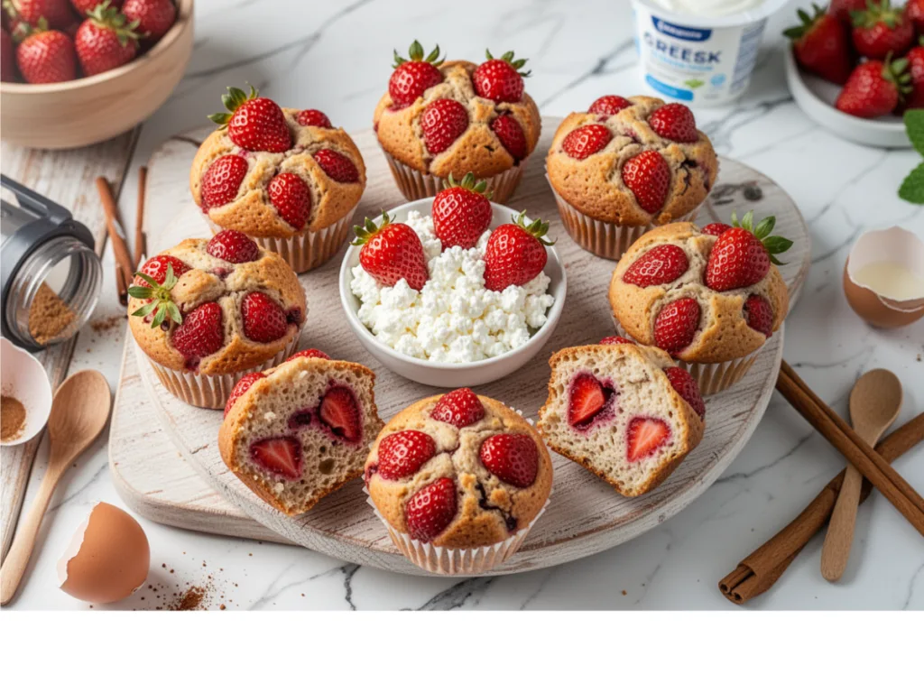 A stack of Strawberry Protein Muffins showcasing the soft texture and juicy berry inclusions.