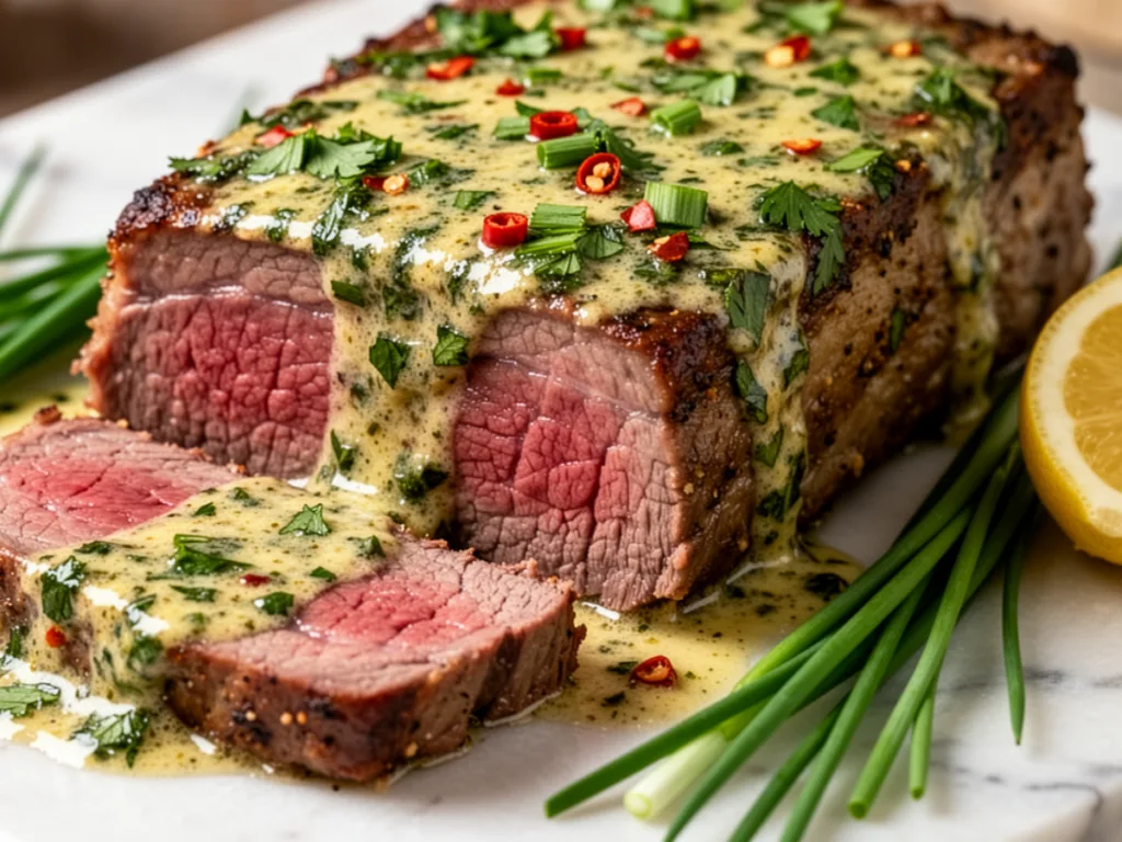 A juicy sliced Cowboy Butter Steak served on a wooden board with a side of dipping sauce and lemon wedges.