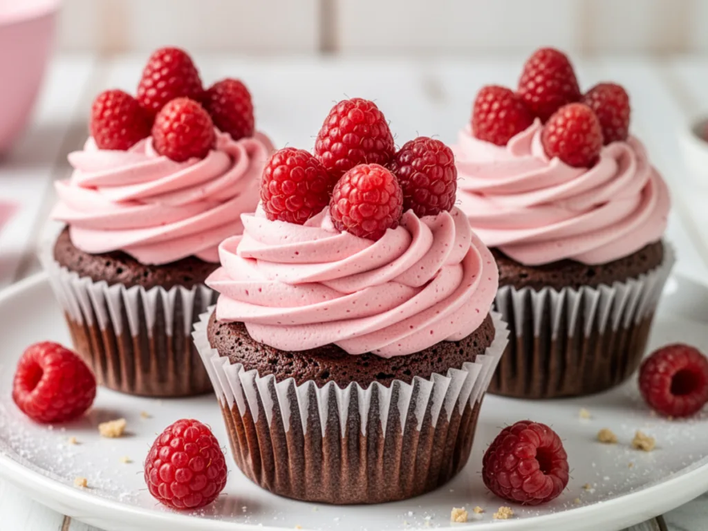 A beautiful layered cake covered in smooth raspberry buttercream frosting for cakes, decorated with fresh raspberries and mint leaves on a white stand.