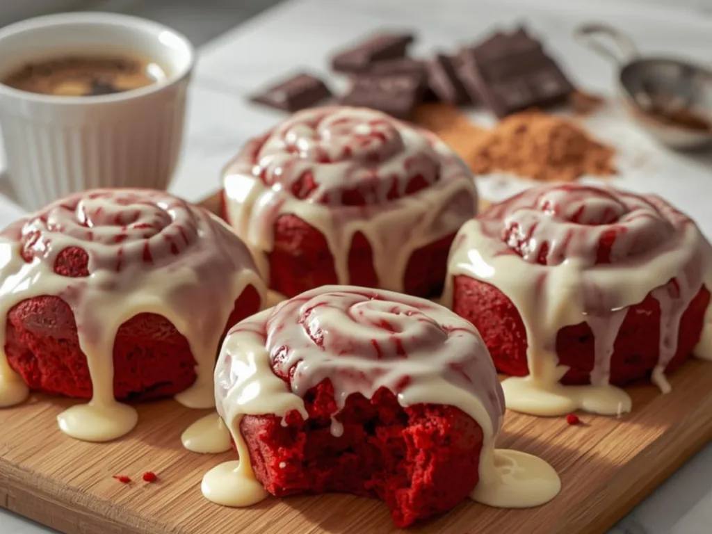 Homemade Red Velvet Cinnamon Rolls in a pan