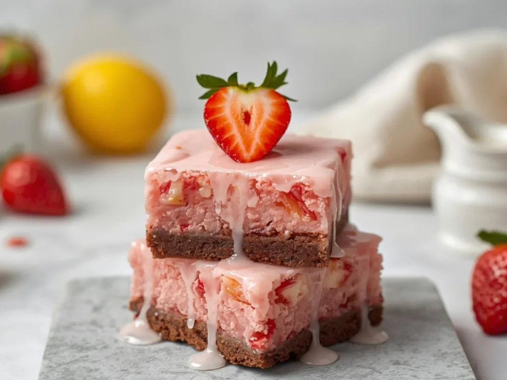Sliced Strawberry Brownies with Lemon Glaze on parchment paper