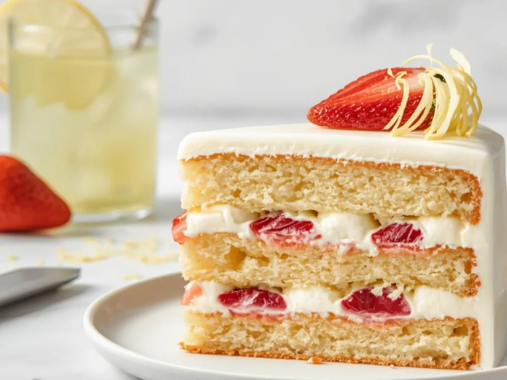 Vertical shot of easy Strawberry Lemonade Cake Layers stacked high with pink strawberry frosting and decorated with fresh lemon slices on top.