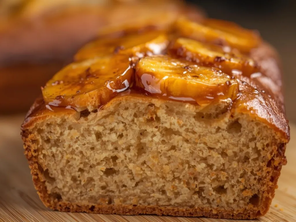 Homemade Caramel Banana Bread on a rustic board.