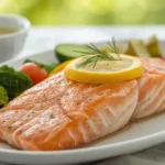 Air fryer basket with two pieces of salmon and lemon wedges.