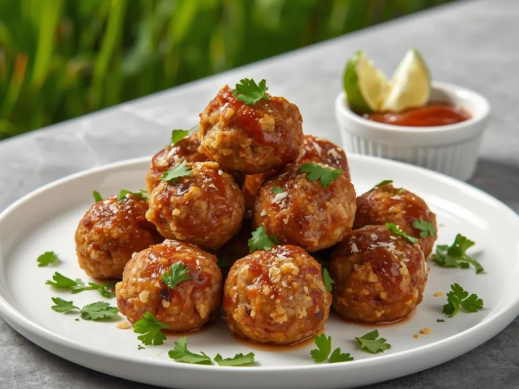Air fryer basket filled with mini turkey meatballs.