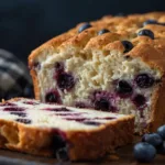 A close-up of a slice of Blueberry Cream Cheese Loaf with visible cream cheese filling.