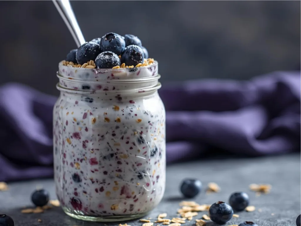 Person holding a spoon in a jar of Blueberry Overnight Oats With Yogurt and almond slices