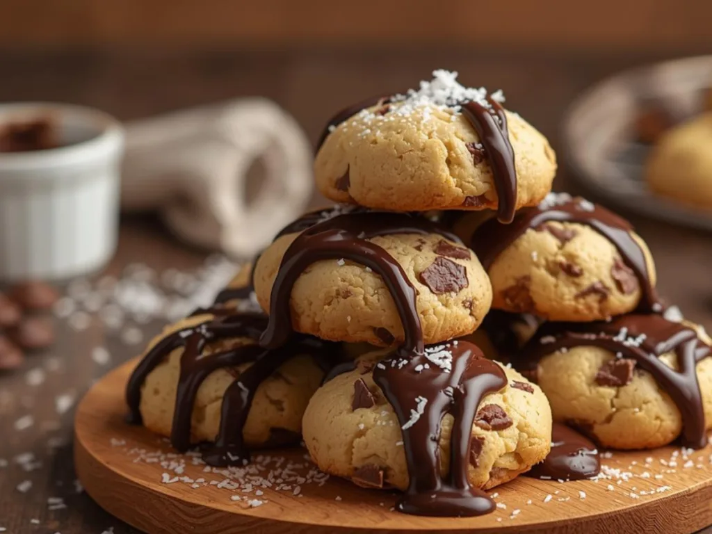 Multiple Cannoli Cookies stacked neatly next to a bowl of fresh ricotta cheese and a glass of milk in a bright, airy kitchen setting.