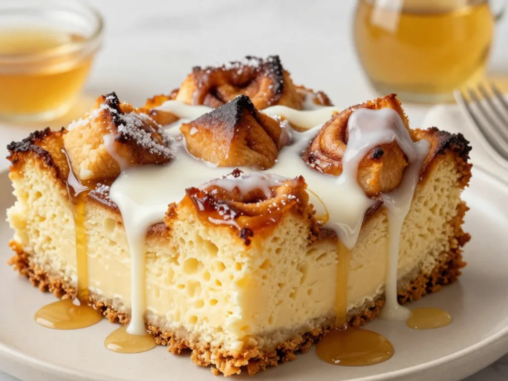 Top-down view of a Leftover Cinnamon Rolls Recipe bread pudding in a white dish, showing sparkling cinnamon sugar and moist bread cubes.