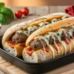 Cheesy Meatball Subs In Baking Dish.