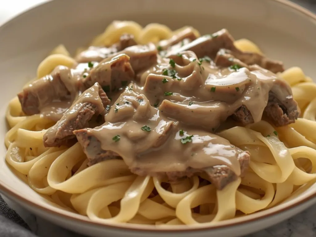 Beef Stroganoff in Crockpot.