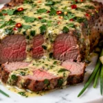Cowboy Butter Steak sauce being poured over golden brown seared steak cubes in a skillet.