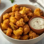 lose-up of breaded cauliflower snack with a crunchy texture.
