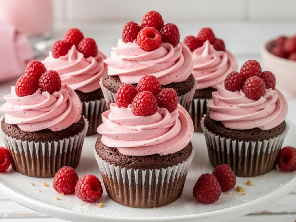 A wooden spoon lifting a dollop of fluffy raspberry buttercream from a glass mixing bowl, revealing the creamy and airy texture of the frosting.