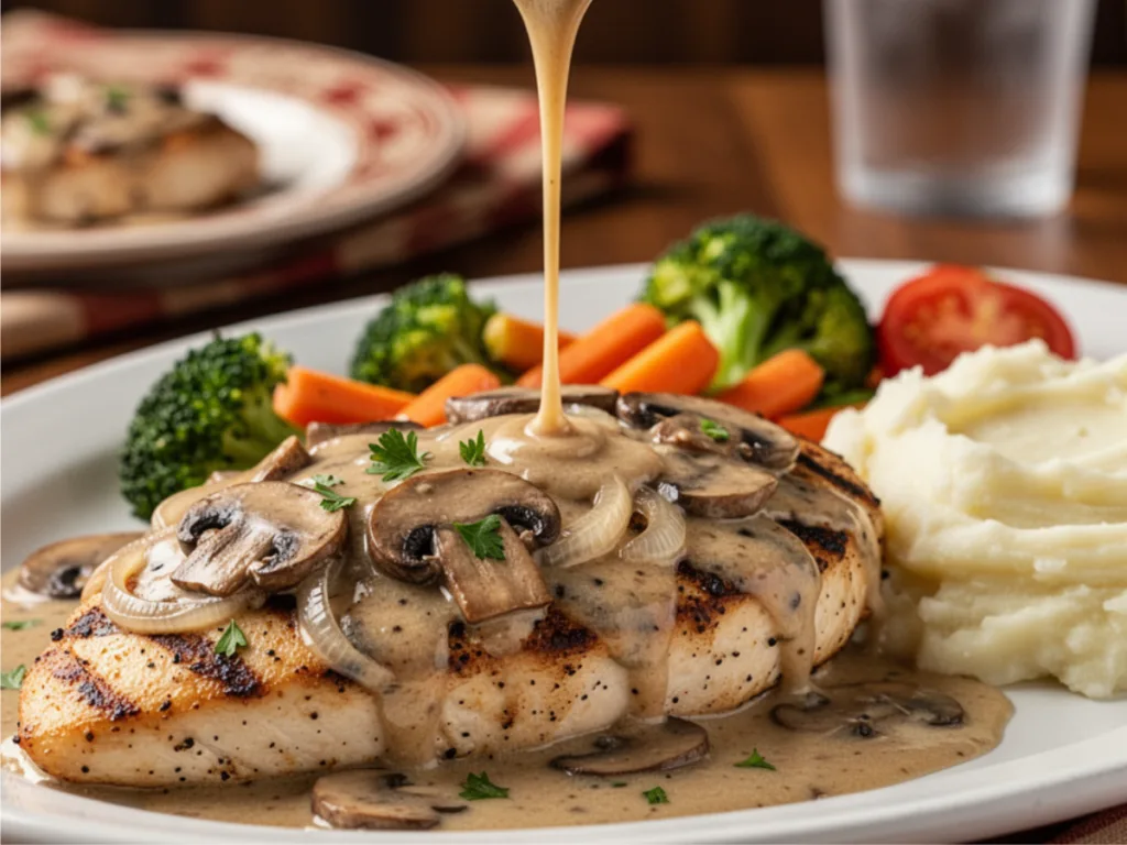 Skillet-prepared Texas Roadhouse Smothered Chicken Breast with golden-brown mushrooms and onions.
