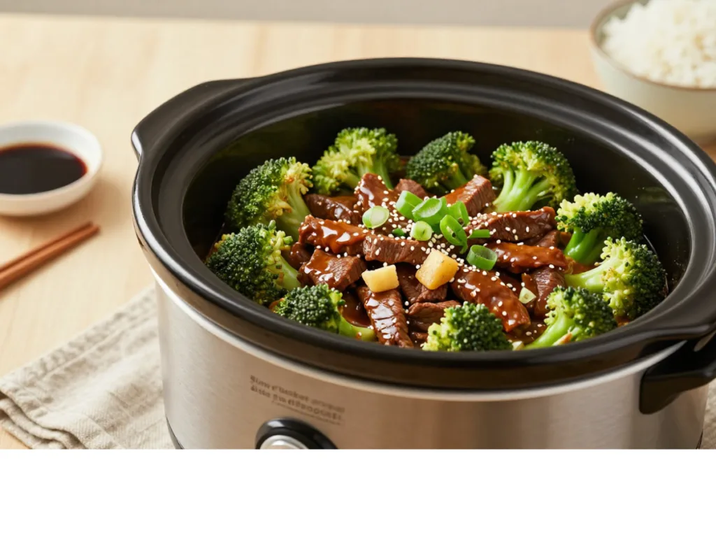 Close up of slow cooker beef and broccoli dinner showing the glossy savory sauce and bright green broccoli.