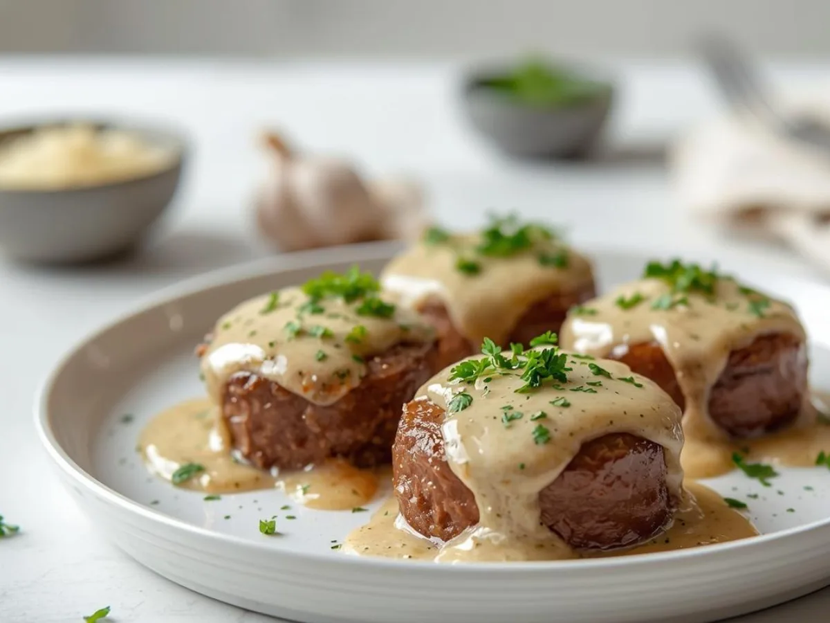 Seared Garlic Parmesan Steak Bites with creamy sauce and parsley.