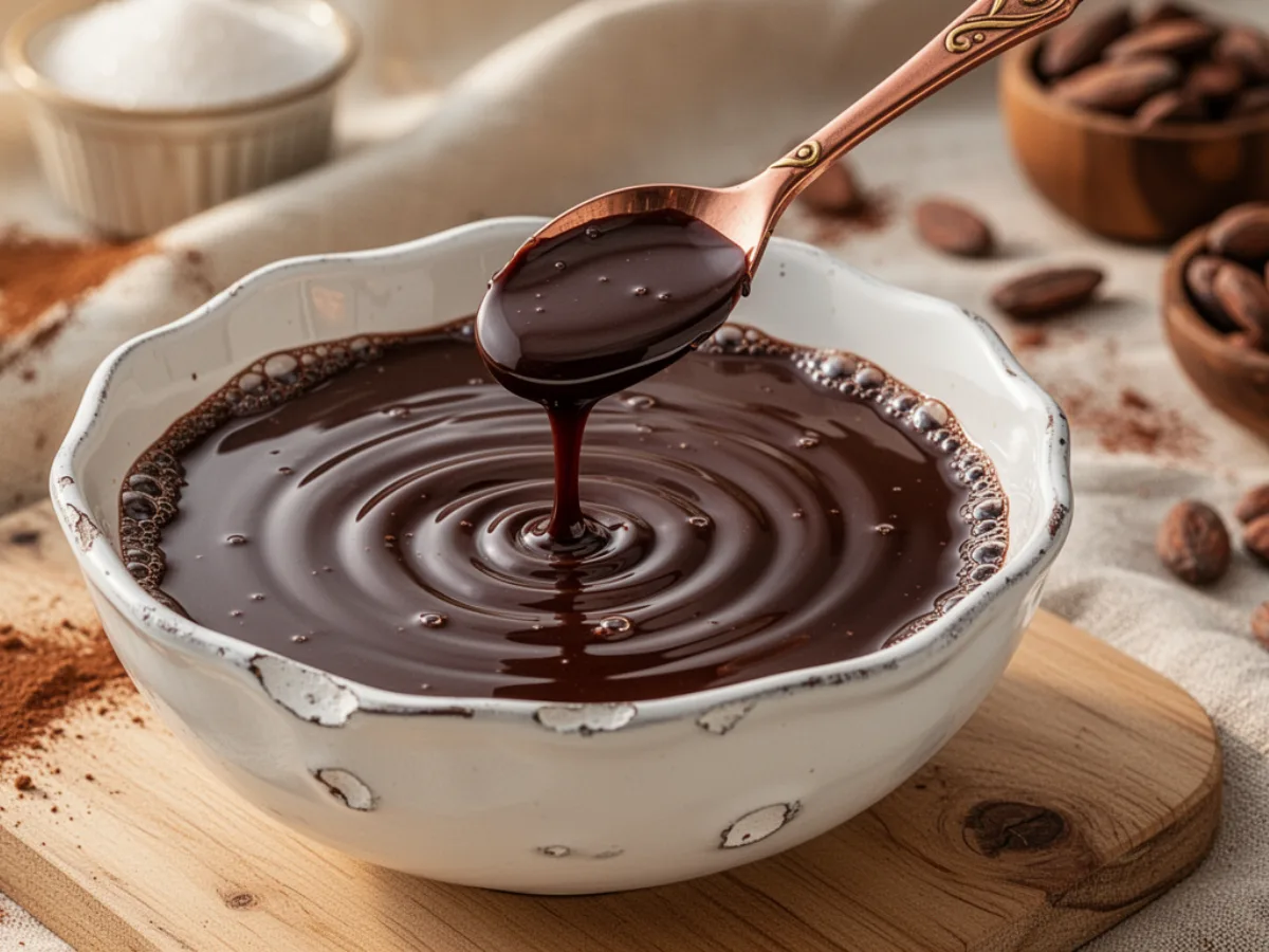 High-quality overhead shot of smooth Homemade Chocolate Syrup in a clear glass jar surrounded by cocoa powder.