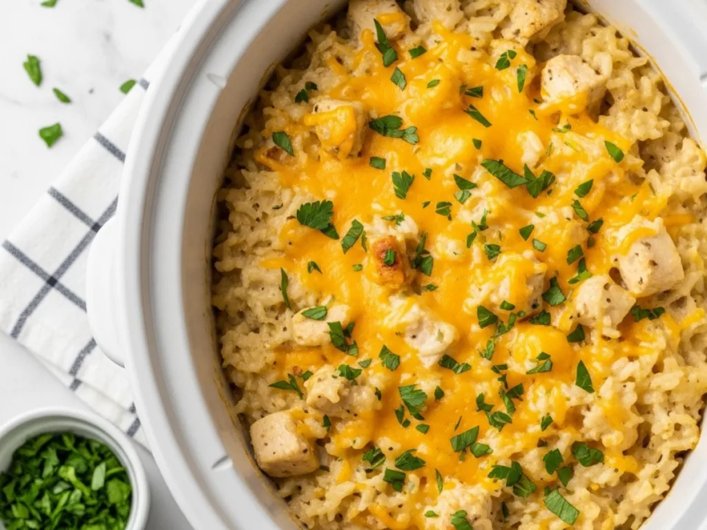 A close-up of a creamy and cheesy slow cooker chicken and rice casserole dinner garnished with parsley in a white bowl.