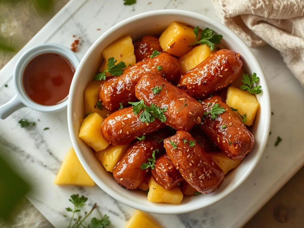 Close-up of Pineapple Brown Sugar Mississippi Lil’ Smokies Bites with caramelized Pineapple chunks and fresh cilantro garnish in a slow cooker.