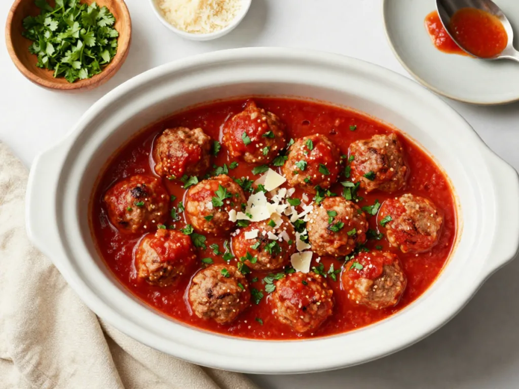 Close-up of slow cooker dump turkey meatball marinara dinner showing the texture of the Italian sauce and tender meatballs.