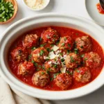 Close-up of slow cooker dump turkey meatball marinara dinner showing the texture of the Italian sauce and tender meatballs.