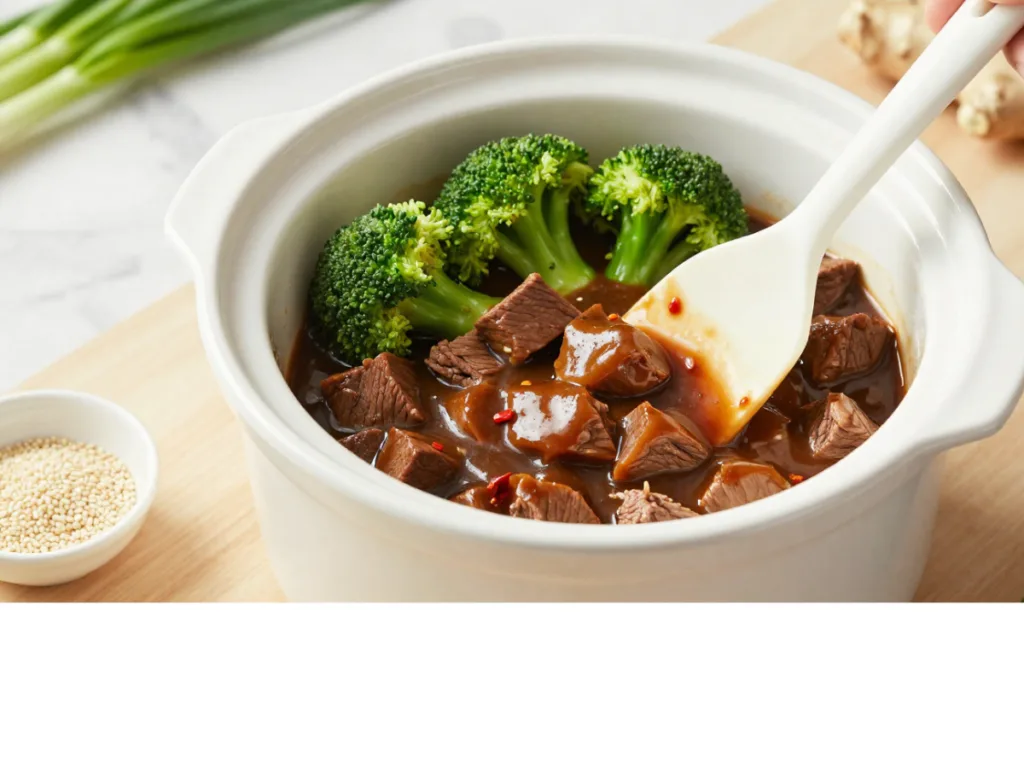 A plate of tender slow cooker beef and broccoli dinner served over white rice, topped with sesame seeds.