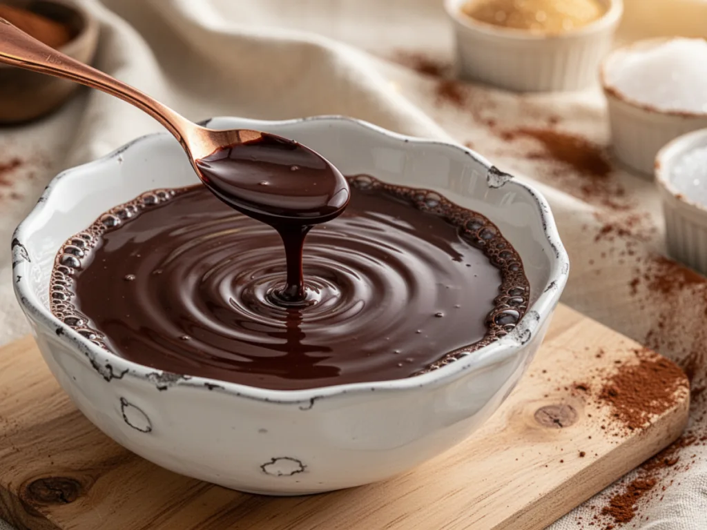 Close-up of rich Homemade Chocolate Syrup being drizzled onto a scoop of melting Vanilla Ice Cream.