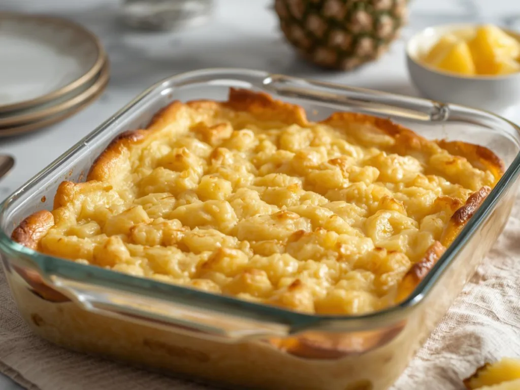 Slice of Pineapple Cream Cheese Cobbler on plate,