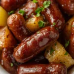 Serving platter of Pineapple Brown Sugar Mississippi Lil’ Smokies Bites with toothpicks and a side of extra Pineapple Glaze for dipping.