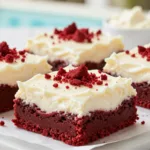 Detailed view of the moist crumb of Red Velvet Cookies in bar form, featuring a rich cocoa base and smooth frosting.