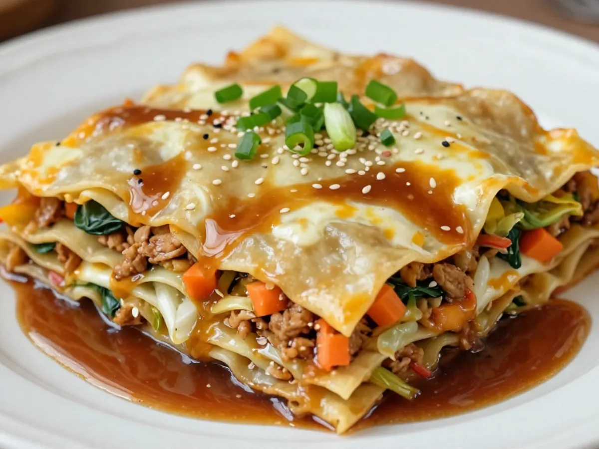 Asian Dumpling Lasagna Soy fresh from oven