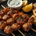 Grilled Greek Chicken Souvlaki skewers with lemon and herbs.