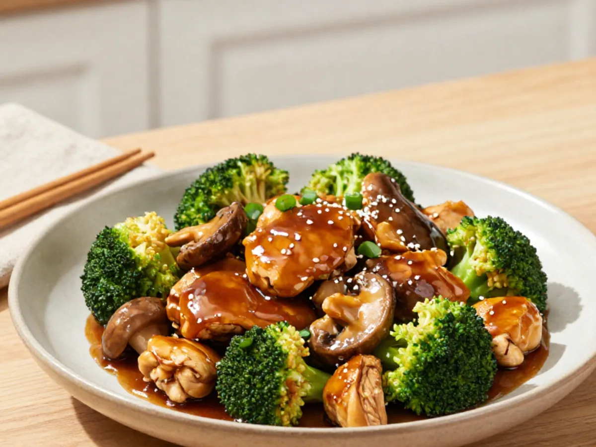 Close-up of Chicken Broccoli Mushroom Stir Fry in a seasoned wok with glossy sauce.