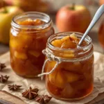 Jars of Easy Fall Caramel Apple Jam on a rustic table.