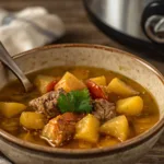 Tender lamb and potato curry slow cooker served with rice.