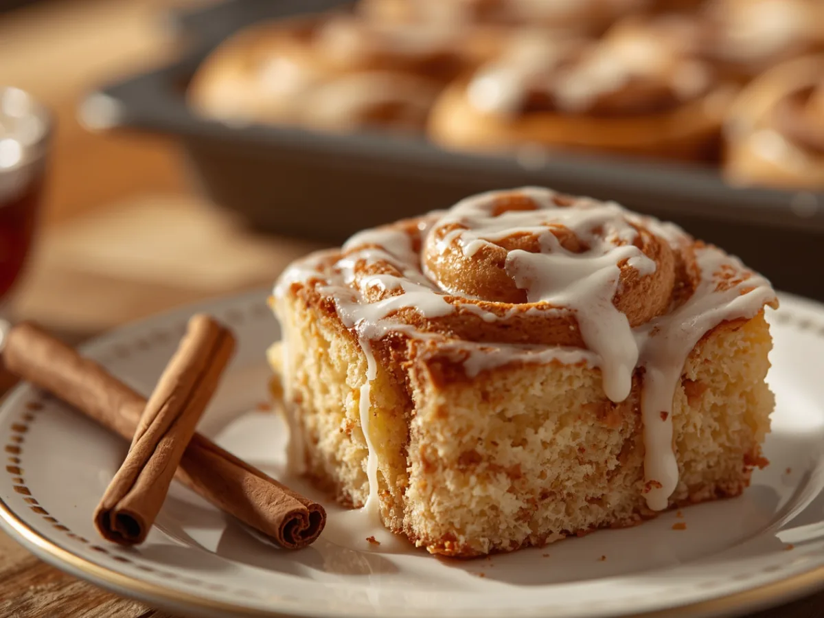 Golden Grandma’s Cinnamon Roll Cake in a glass baking dish.