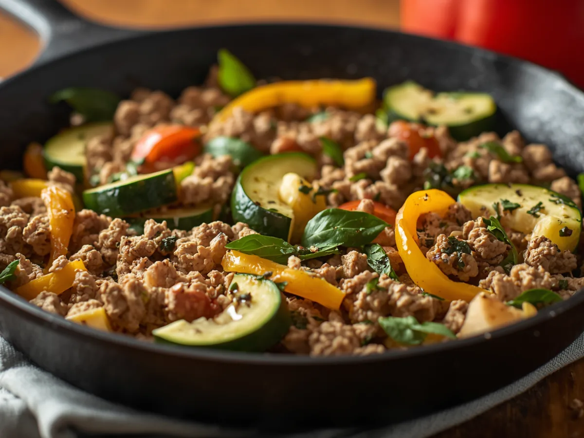 Healthy Ground Turkey Skillet With Veggies in a cast iron pan.