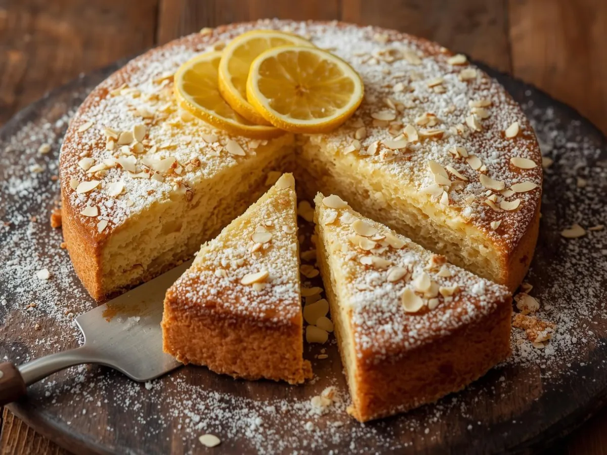 A slice of Lemon Almond Flourless Cake on a white plate with fresh berries.